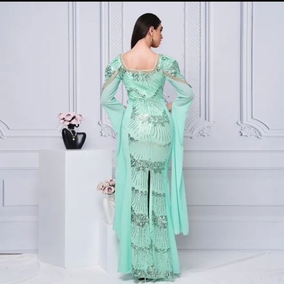 Mint Square Neck, Contrast Sequined, Split Thigh, Long Sleeved,  Mermaid Gown - Picture 11 of 16